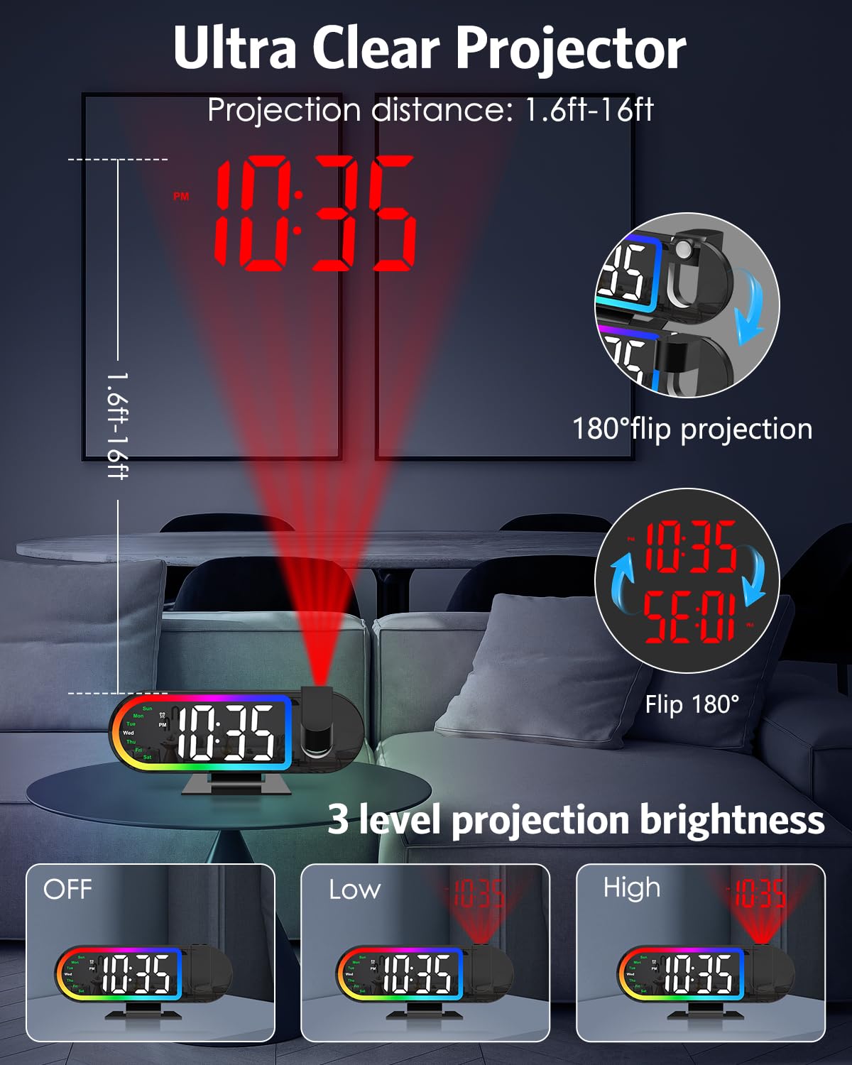 AMIR Projection Alarm Clock for Bedroom Ceiling with 17-Color Ambient Light