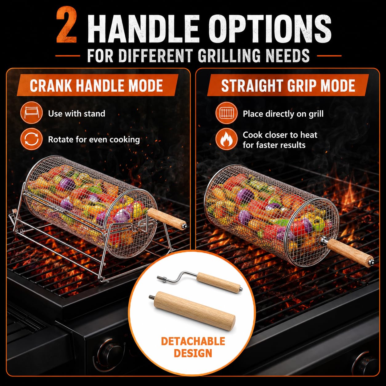 2-in-1 Rolling Grill Basket with Dual Handles, 304 Stainless Steel Rotatable BBQ Basket with Crank Handle & Straight Grip Handle, Grill Net for Vegetables, Shrimp & More, Gift Idea for Men, Dad, Husband