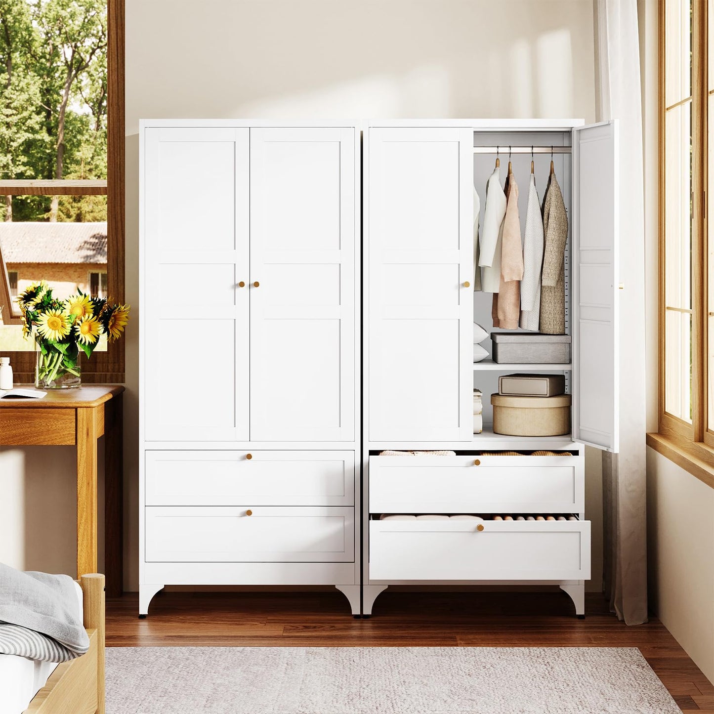 Letaya Metal Armoire Wardrobe Closet with 2 Drawers,18" Deep Clothing Storage Cabinet with Doors and Shelves,Coat Closet with Hanging Rod,Bedroom,Home,Cloak Room,White