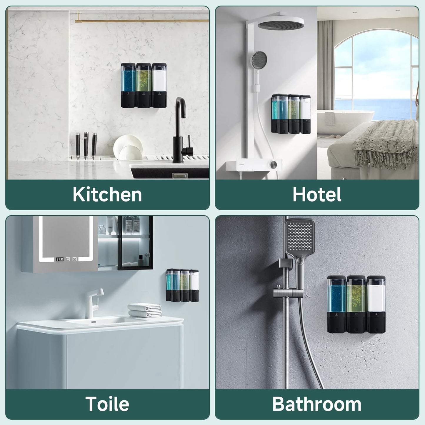 Shampoo and Conditioner Dispenser 3 Chamber No Drill Shampoo Dispenser for Shower Wall Mounted Shower Soap Dispenser 3 * 500ml Refillable Shower Dispenser for Bathroom Hotel(Black 3 Chamber)