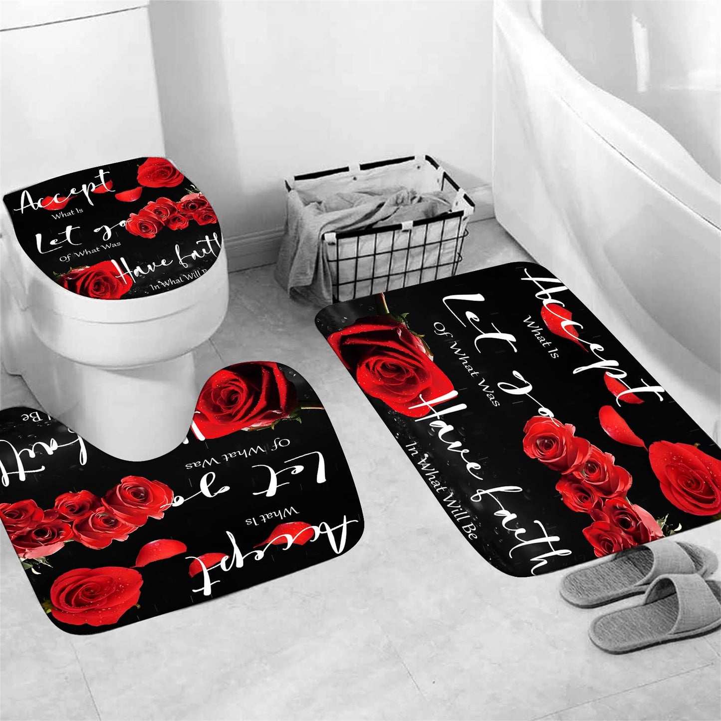 Yddsky 4 Pcs Red Rose Shower Curtain Set with Rugs Bathroom Set