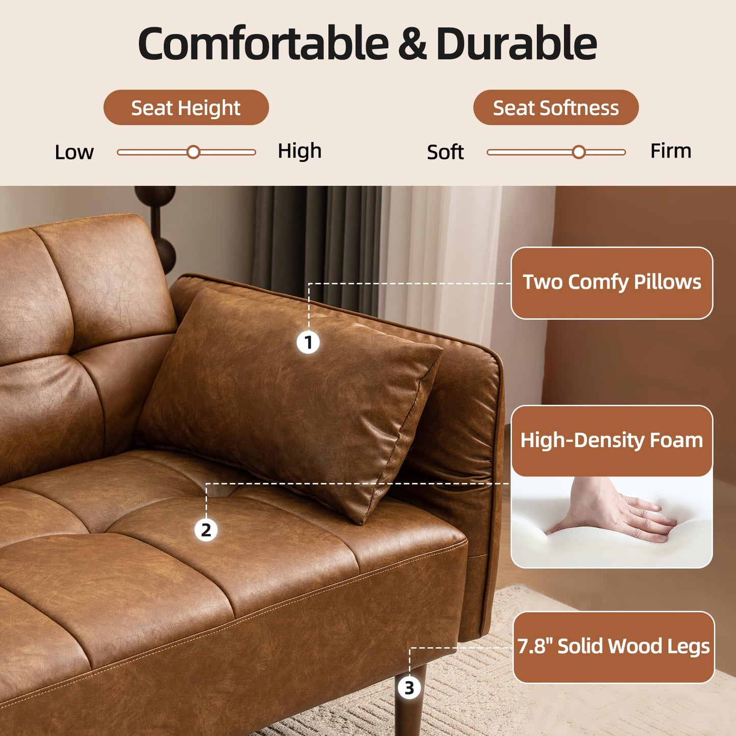 HALLYBEE 85” Futon Sofa Bed, Sleeper Sofa, Small Couch with Storage Adjustable Armrests Pillows, Faux Leather Loveseat, Mid Century Modern Couches for Living Room, Bedroom, Apartment, Brown
