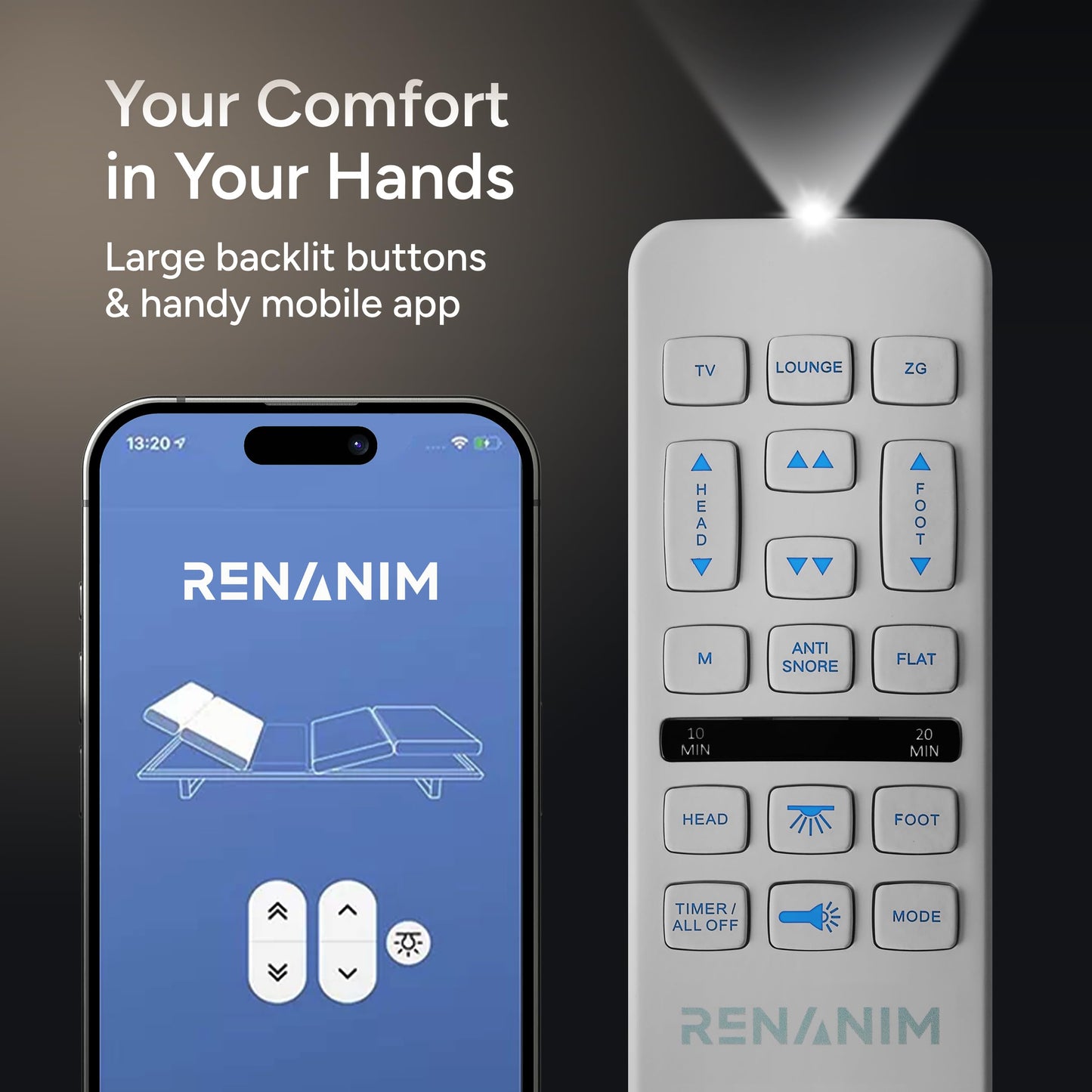 Renanim SFE Cal King Adjustable Bed Frame - Zero Clearance Smart Frame, Electric Massage, Wireless Remote for Head & Foot Lift, 3 Height-Adjustable Legs - Zero Gravity - Underbed Lights & 4 USB Ports