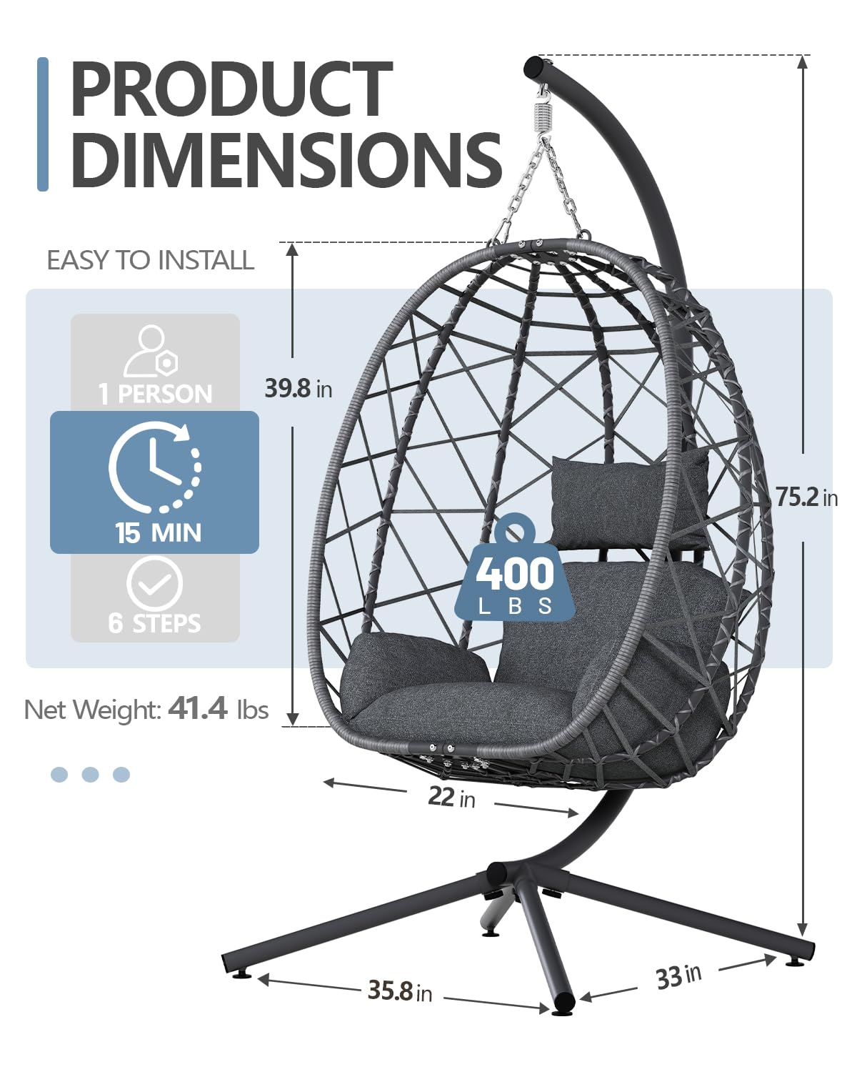 SWITTE Hanging Egg Chair with Stand, Outdoor Indoor Rattan Wicker Egg Swing Chair with Cushion, Heavy Duty Patio Hammock Chairs for Garden Backyard Balcony Bedroom, 400LBS Capacity, Dark Grey
