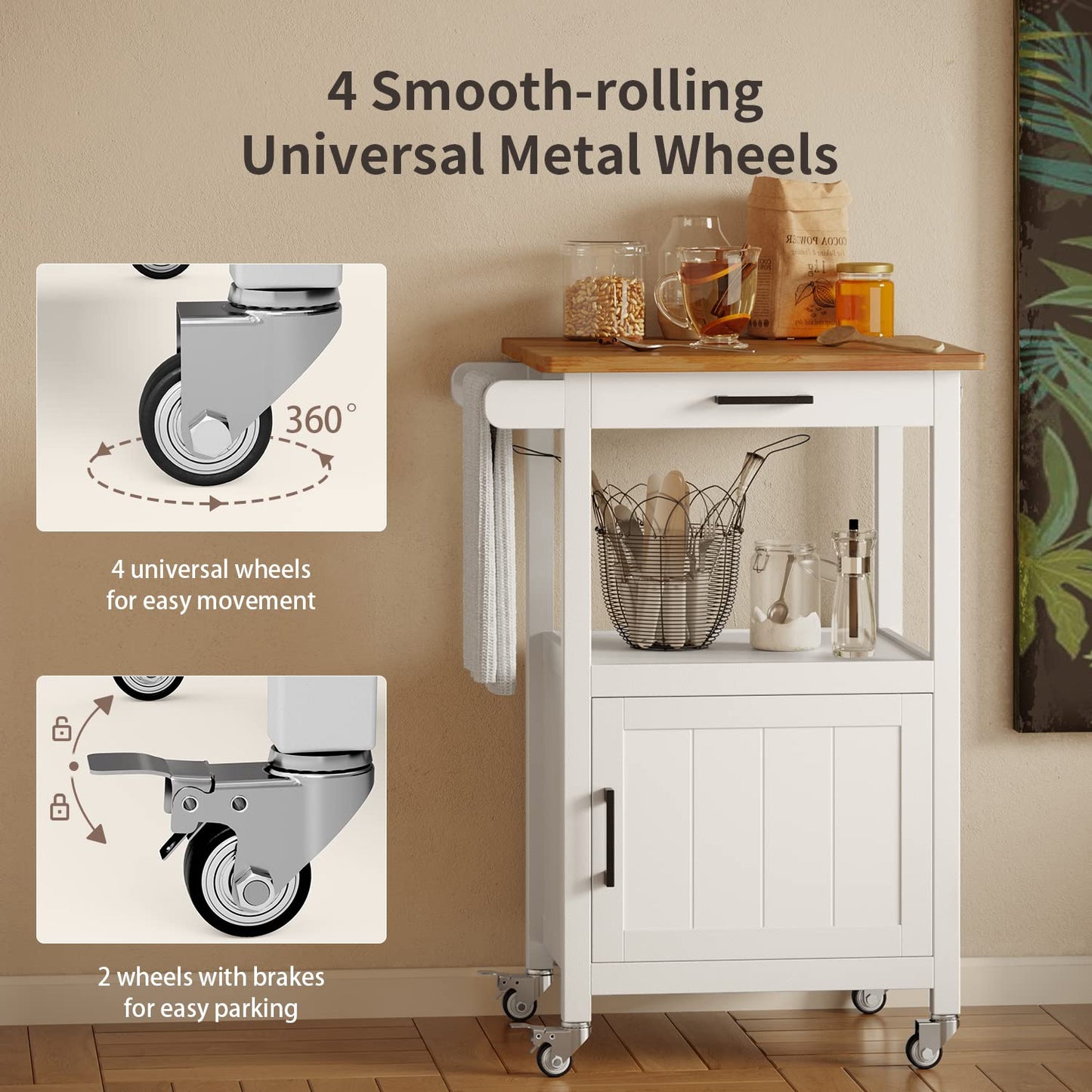 Qsun Kitchen Cart with Drawer, Small Kitchen Island on Wheels, Microwave Cart, Small Home Coffee Bar, Microwave Stand, Rolling Kitchen Island Cart with Side Hook, White