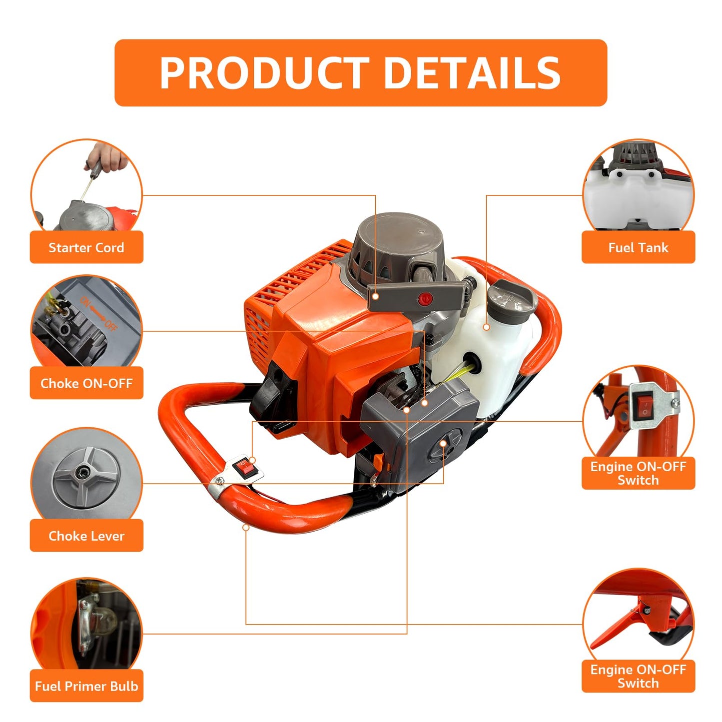XJADQW 72CC 2-Stroke Gas Powered Post Hole Digger with 4" & 8" & 12" Auger Bits + 24“ & 24" Extension Rod, Heavy Duty Earth Auger for Farm, Garden, Landscaping, Construction