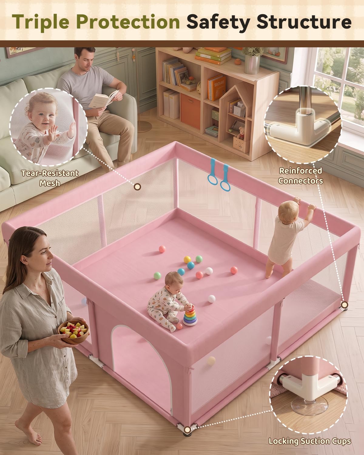 JUNLLY Pink Baby Playpen 71"x59" - Extra Large Play Pen for Babies Toddlers