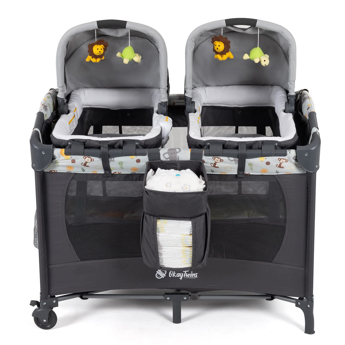 okaytwins Twin Bassinet & Full-Size Infant Bedside Bassinet & Playard for Baby, Includes 2 Removable Rock-A-Bye Portable Bassinets with Storage Bags, Gray