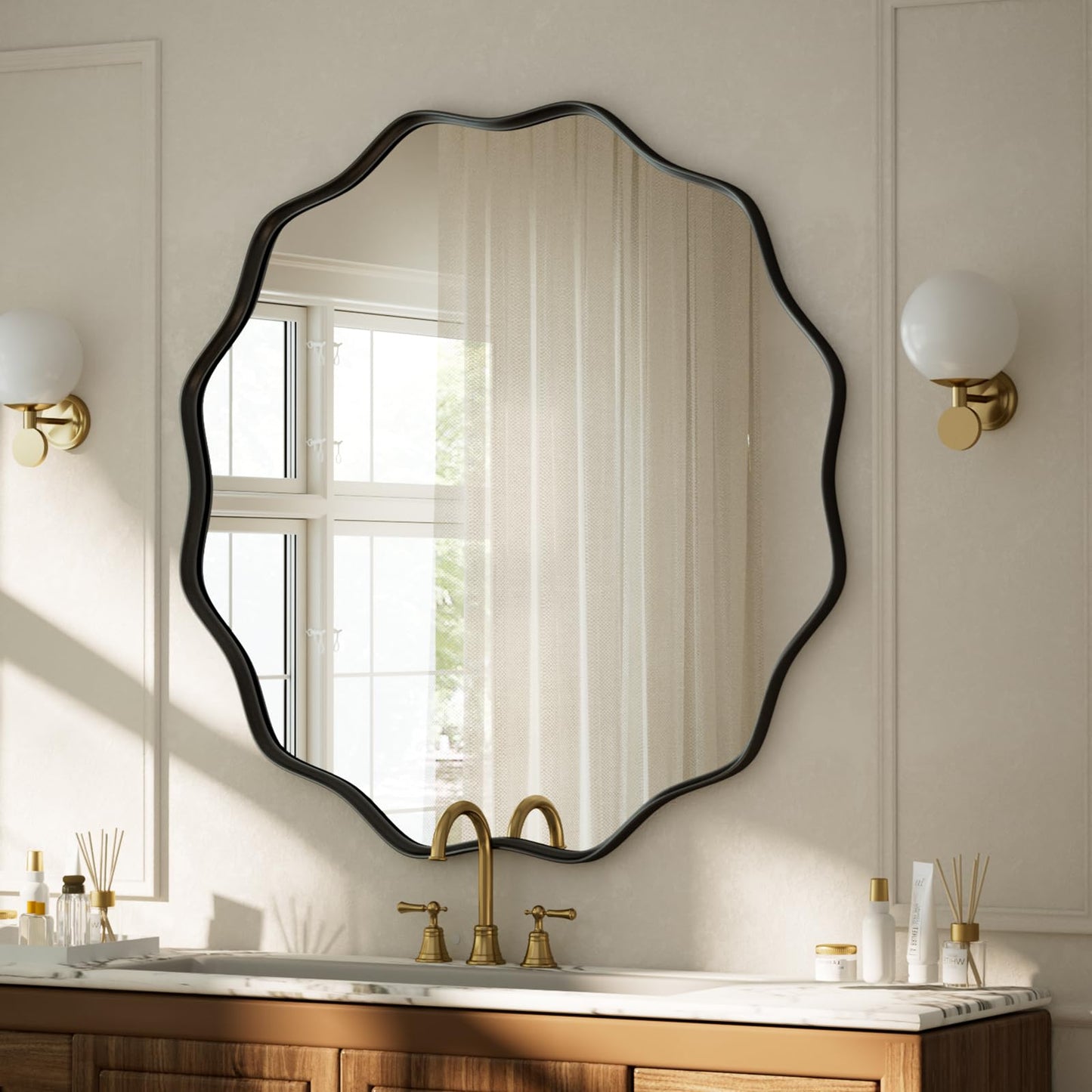 VooBang Black Scalloped Circle Mirror 30" Wavy Edge Round Wall Mirror