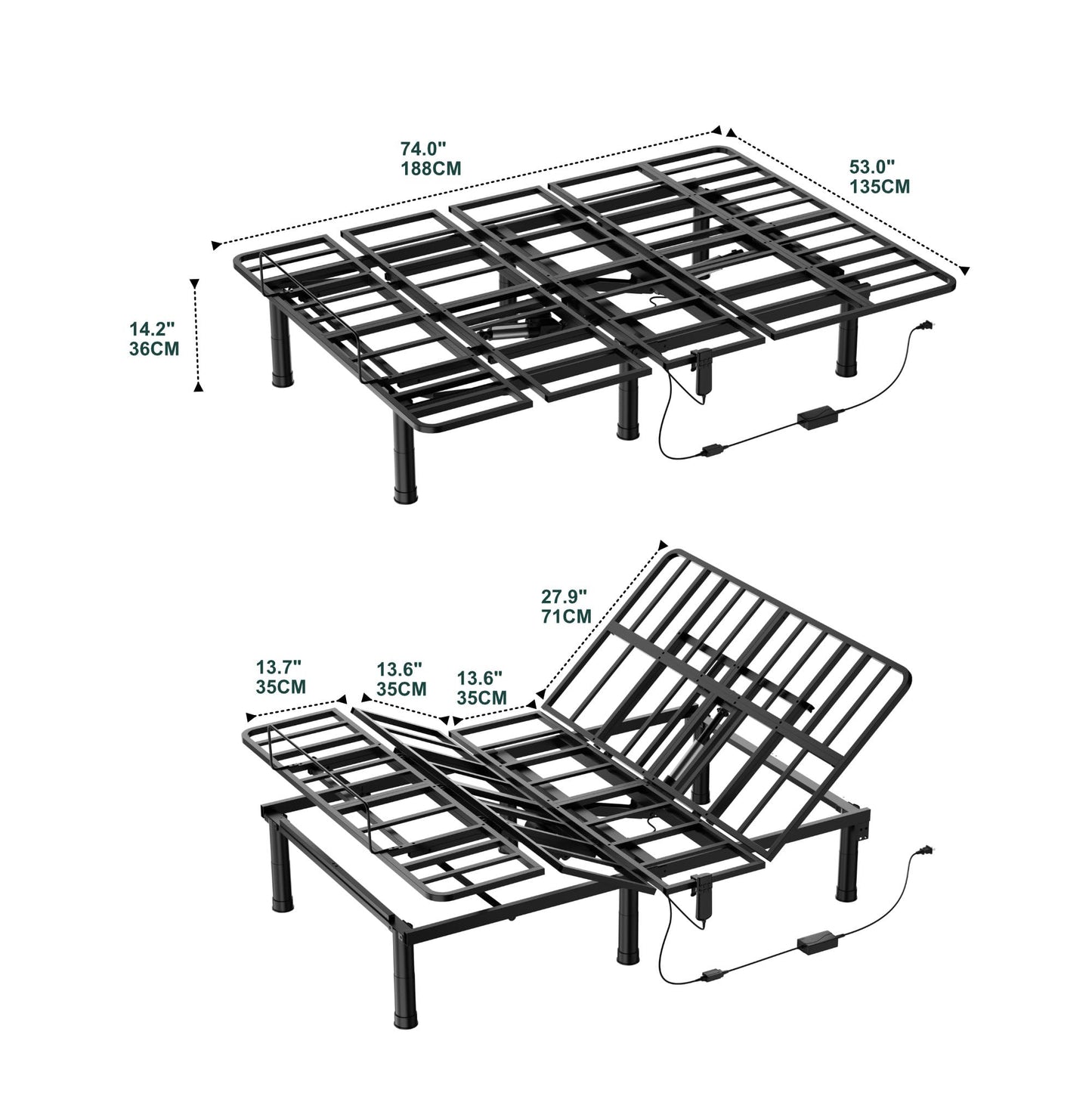 SunsGrove Full Adjustable Bed Frame, Wired Remote Control, Independent Head and Foot Incline, Electric Bed Frame Base, Adjustable Bed Leg with 2 Height Options, Easy Assembly