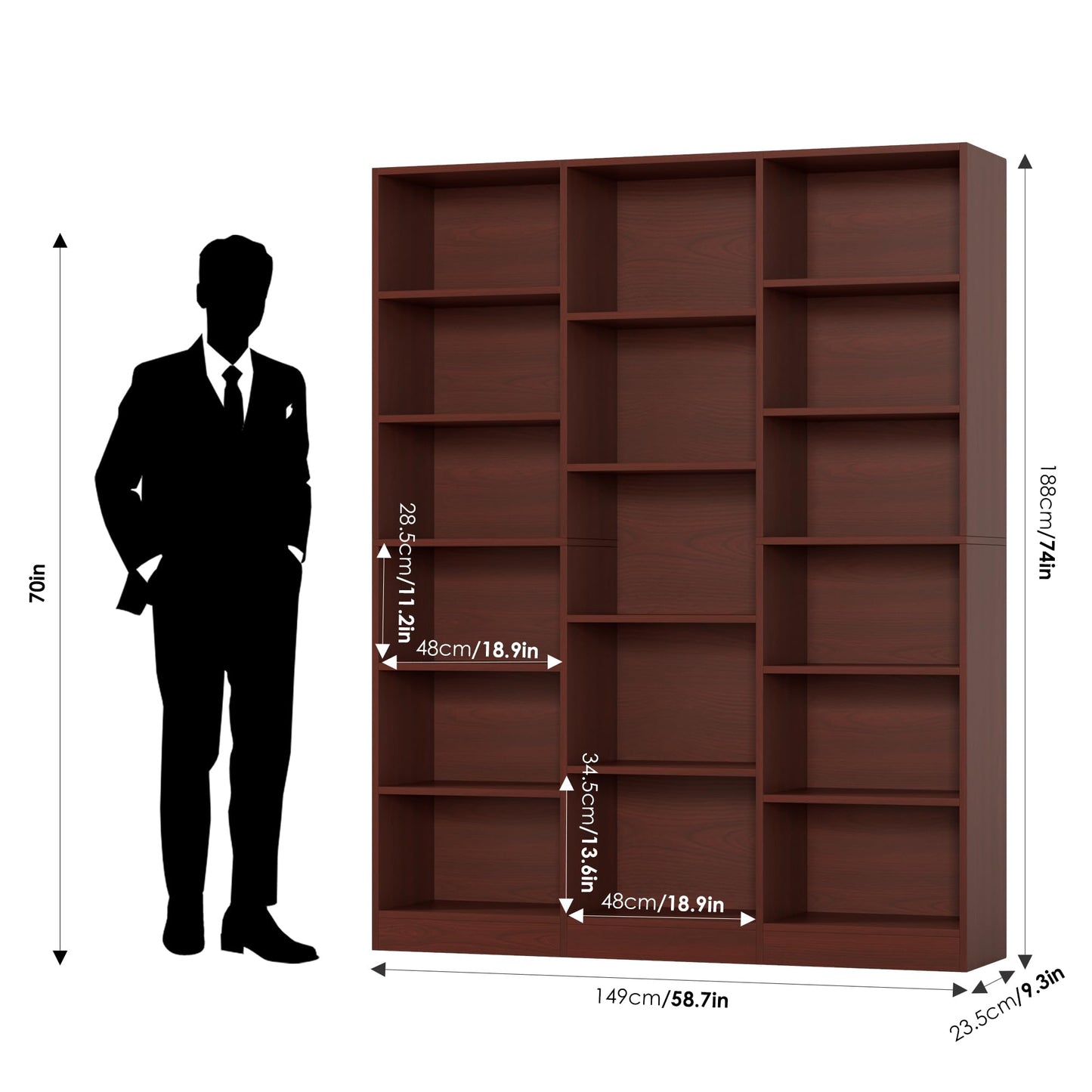 FACBOTALL Triple Wide Bookshelf, Large Bookshelf with 17 Display Shelves