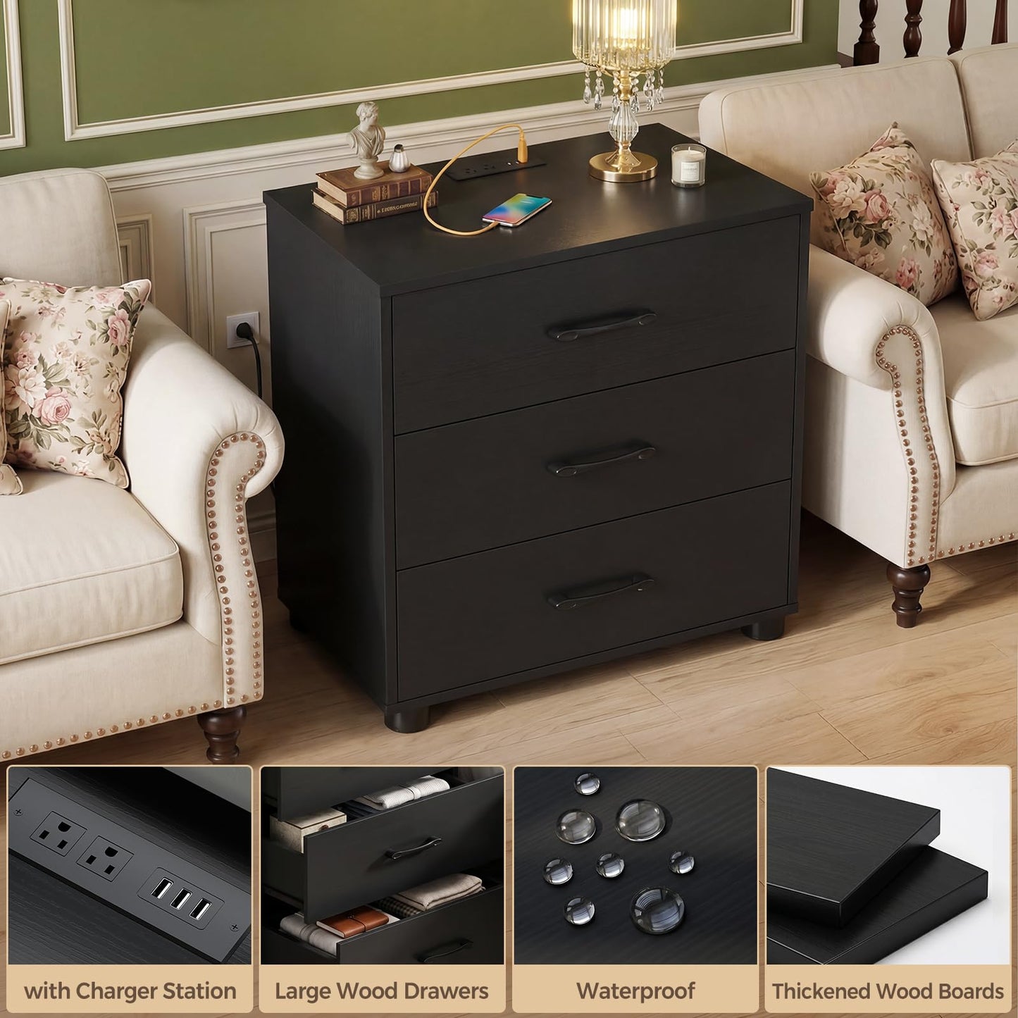 Aheaplus Night Stand with Charger Station, 21.7'' Nightstands with Wooden 3 Drawers, Large Bedside Table, Modern End Table, for Bedroom, Black