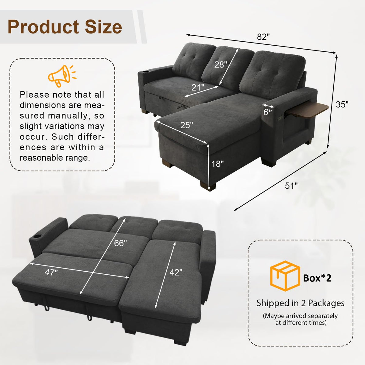 82" L Shaped Sleeper Sofa Bed, Pull Out Sectional Couch with Storage Chaise/Reclining Backrest, Sectional Couches for Living Room with USB Port, Foldable Table, Cup Holder, Side Pocket, Deep Grey