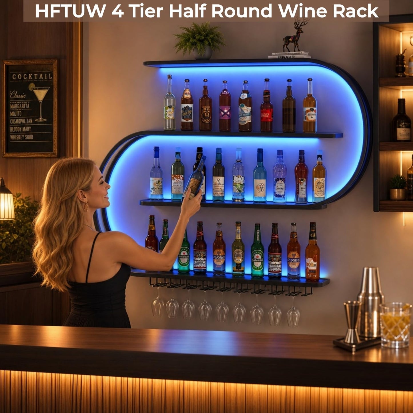 HFTUW 47 Inch Wall-Mounted Wine Rack with Led Light, 4-Tier Half Round Bar Shelves, Industrial Metal Display Storage Shelf & Wine Glass Hooks for Home Bar, Dining Room(Black-Blue Led, 47in/120cm)