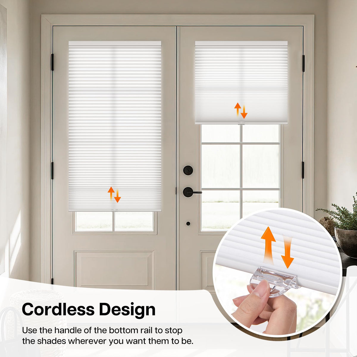 LazBlinds No Drill Cordless Cellular Shades for Doors, 22" W x 78" H, White