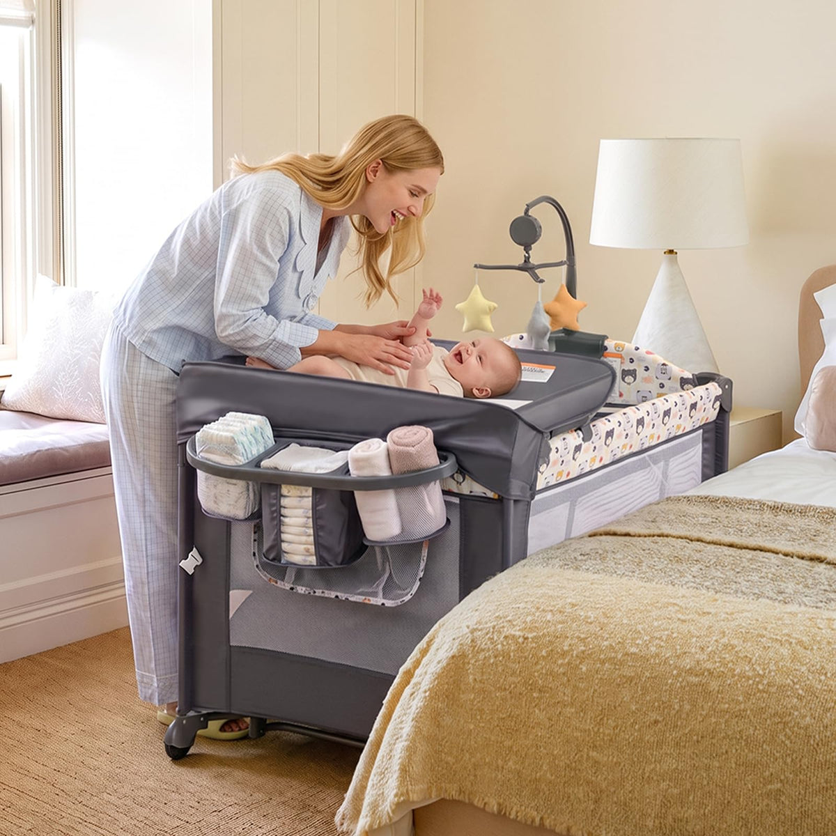 INFANS 5 in 1 Pack and Play, Portable Baby Playard, Bear