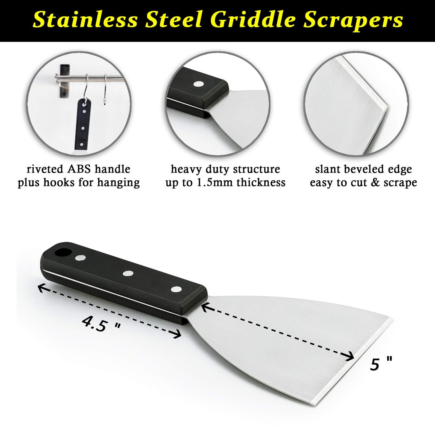 HaSteeL Griddle Scraper 2Pcs, Stainless Steel 9.5in Slant Edge Metal Grill Scraper Chopper for Food Service & Cleaning Supplies, Perfect for Teppanyaki Flat Top BBQ Indoor & Outdoor, Dishwasher Safe