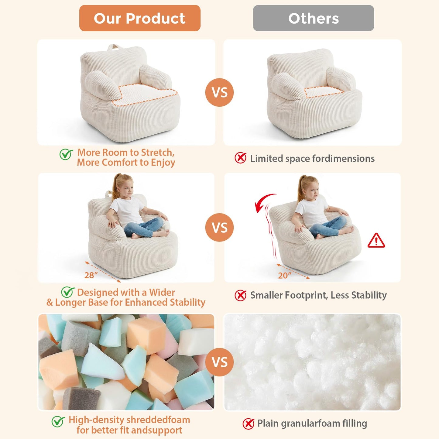 Bean Bag Chairs for Kids with Armrests, Comfy Kids Bean Bag Chair, Stuffed Toddler Bean Bag Sofa for Boys and Girls, Small Bean Bags for with Pocket, Floor Chair for Gaming, Reading & Relaxing, Beige