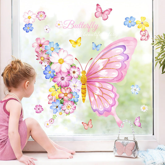 Supzone Pink Flower Butterfly Window Clings Valentine's Day Spring Window Decals Anti-Collision Glass Doors Mirror Static Stickers for Girls Room Home Store Party Decorations