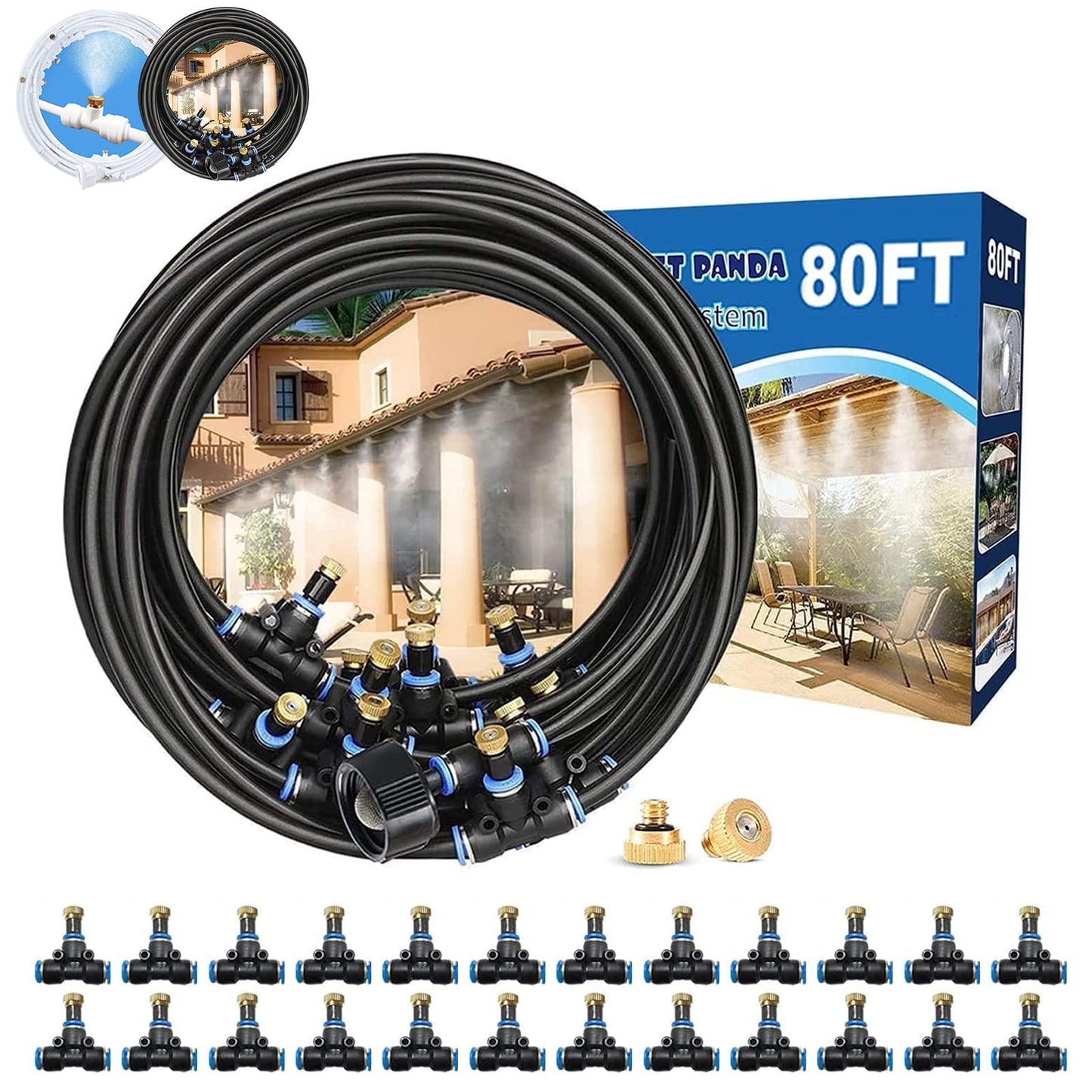 Misters for Outside Patio, 80FT|24M Outdoor Water Misting Cooling System. Backyard Mist Kit for Garden Greenhouse Fan Deck Umbrella Canopy Pool Porch Trampoline Sprinkler Park BBQ Party Accessories