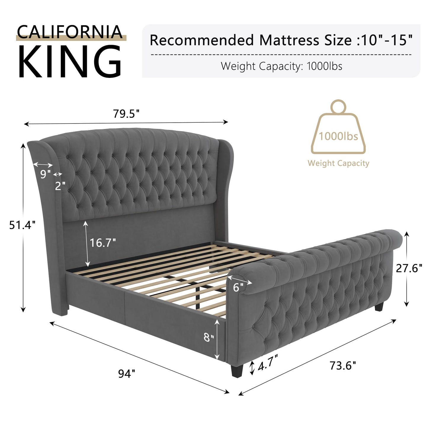 AMERLIFE California King Upholstered Sleigh Bed Frame with Headboard