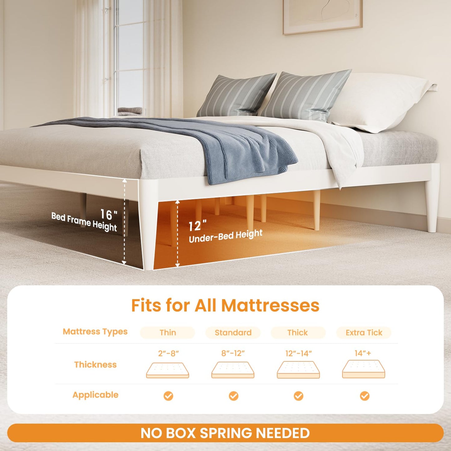 IOTXY Twin-XL Platform Bed Frame - 16" Wood Mattress Foundation Base, White