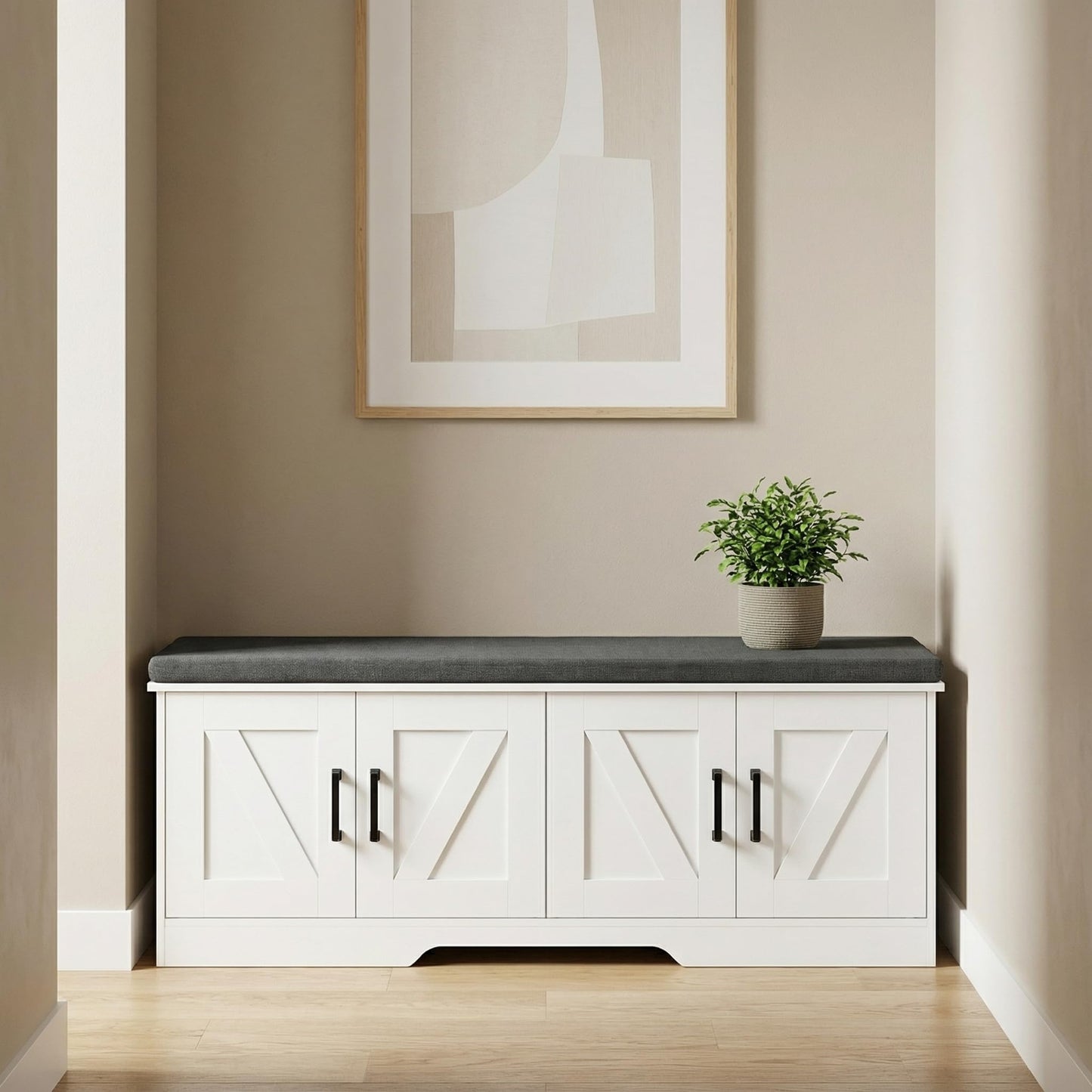 HOMSHO Farmhouse Shoe Storage Bench with 4 Barn Doors & Padded Seat Cushion