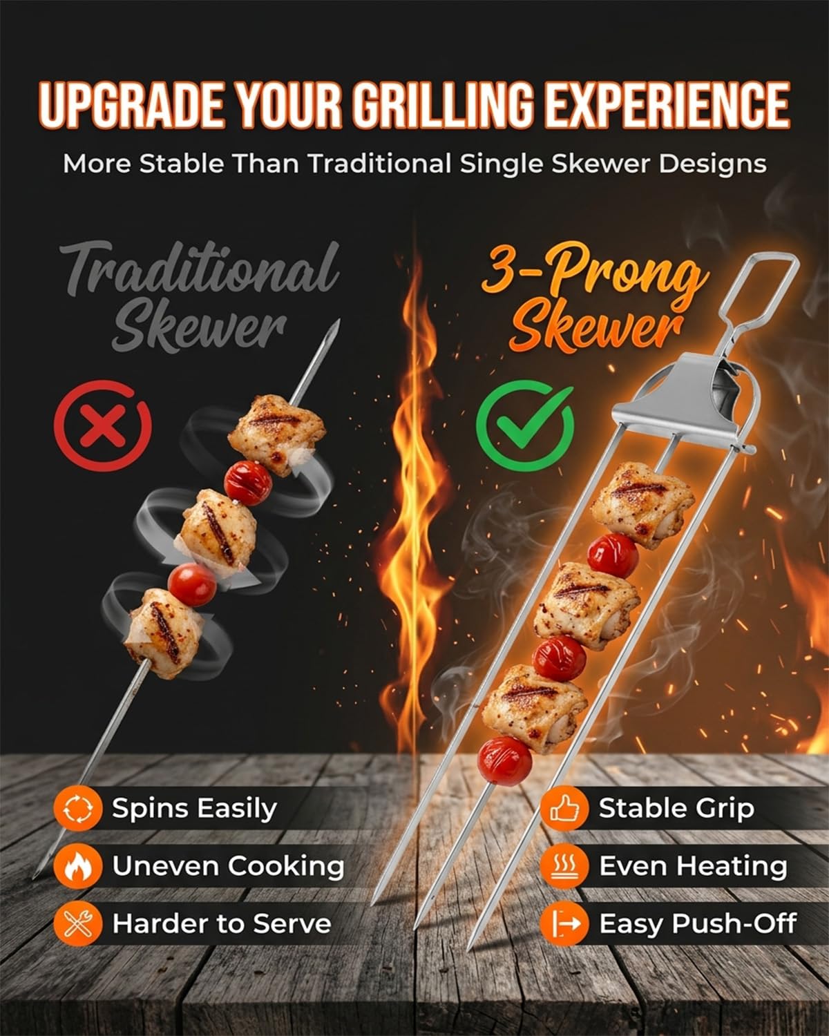 RZGBJYV 2PCS Skewers for Grilling Metal Kabobs Metal Kebab Barbecue Grill 3 Way Outdoor Grill Shish BBQ Stainless Steel Flat Chicken Shrimp 3 Prong Heavy Duty Vertical 14 Inch Adjustable Upright