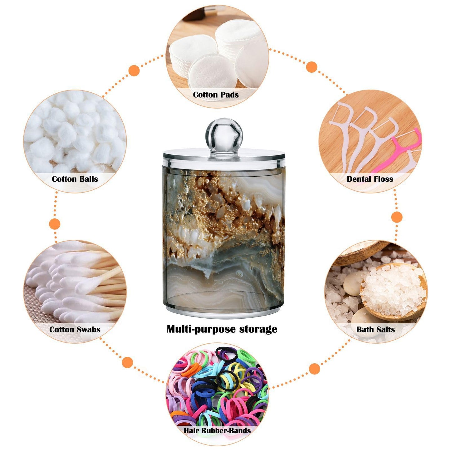 Xmycdz 2 Pack Agate Marble Apothecary Jars with Lid, 10 Oz Clear Plastic Apothecary Jar Set Qtip Holder Storage Containers for Cotton Ball Swabs Bathroom Vanity