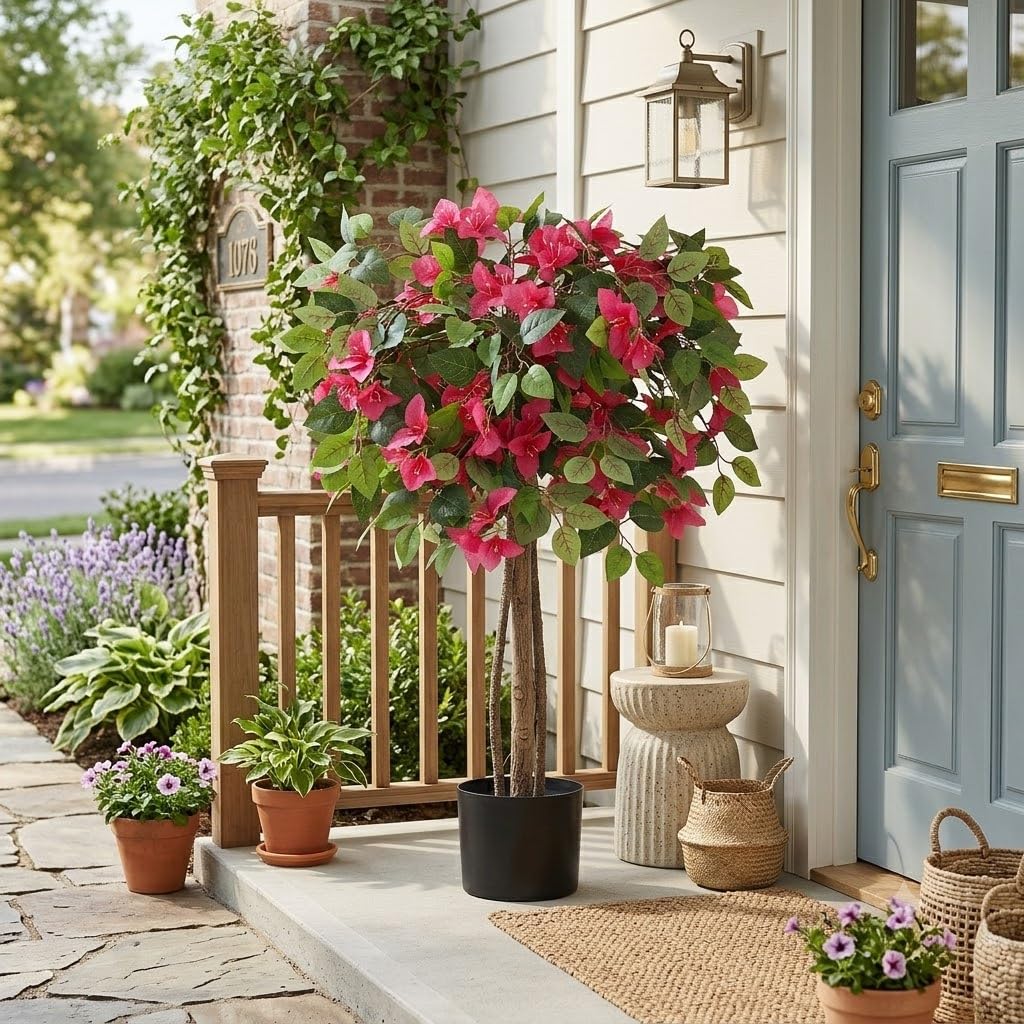 3FT Artificial Bougainvillea Tree Fake Silk Topiary Tree with Life-Like Trunk and Vibrant Pink Flowers, Faux Potted Plant for Home Office Indoor Outdoor Porch Patio Decor, Black Pot