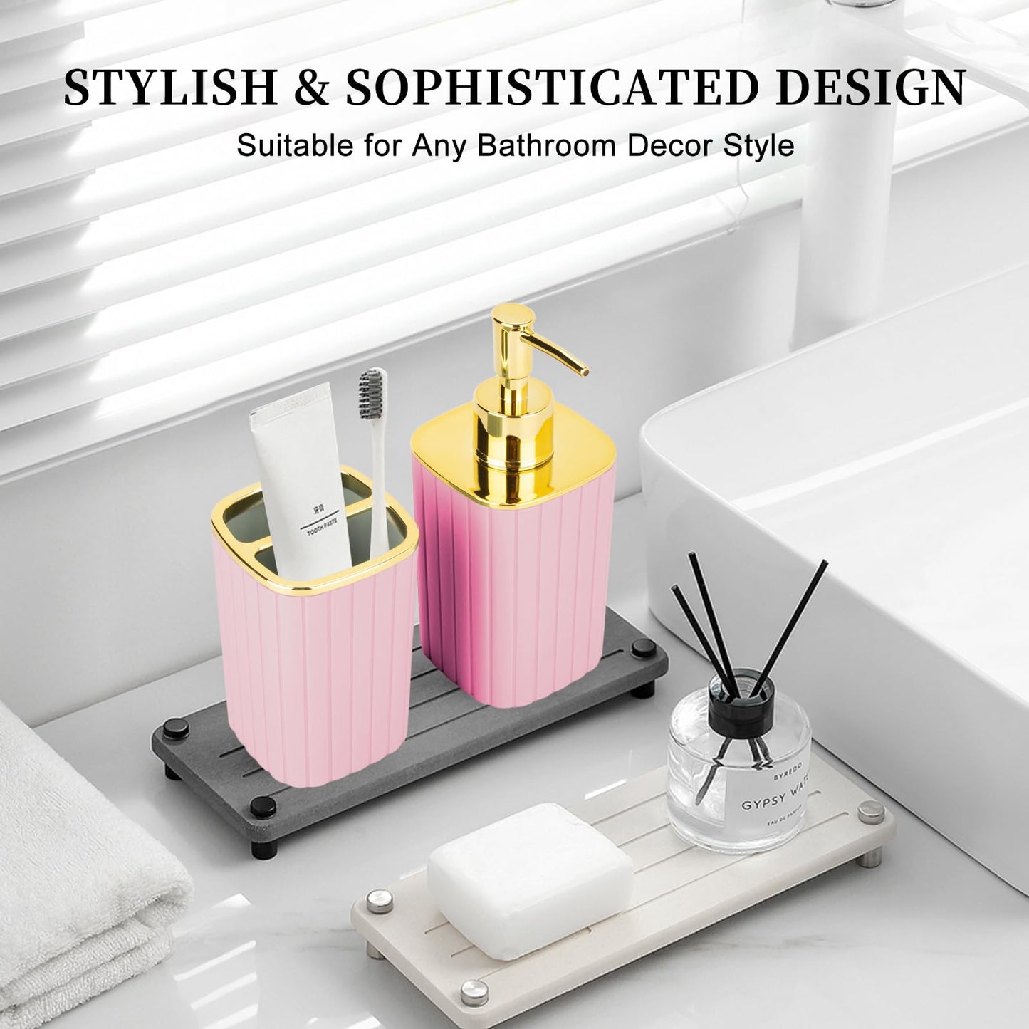 RRM 2PCS Bathroom Accessories Set,Pink Soap Dispenser and Toothbrush Holder