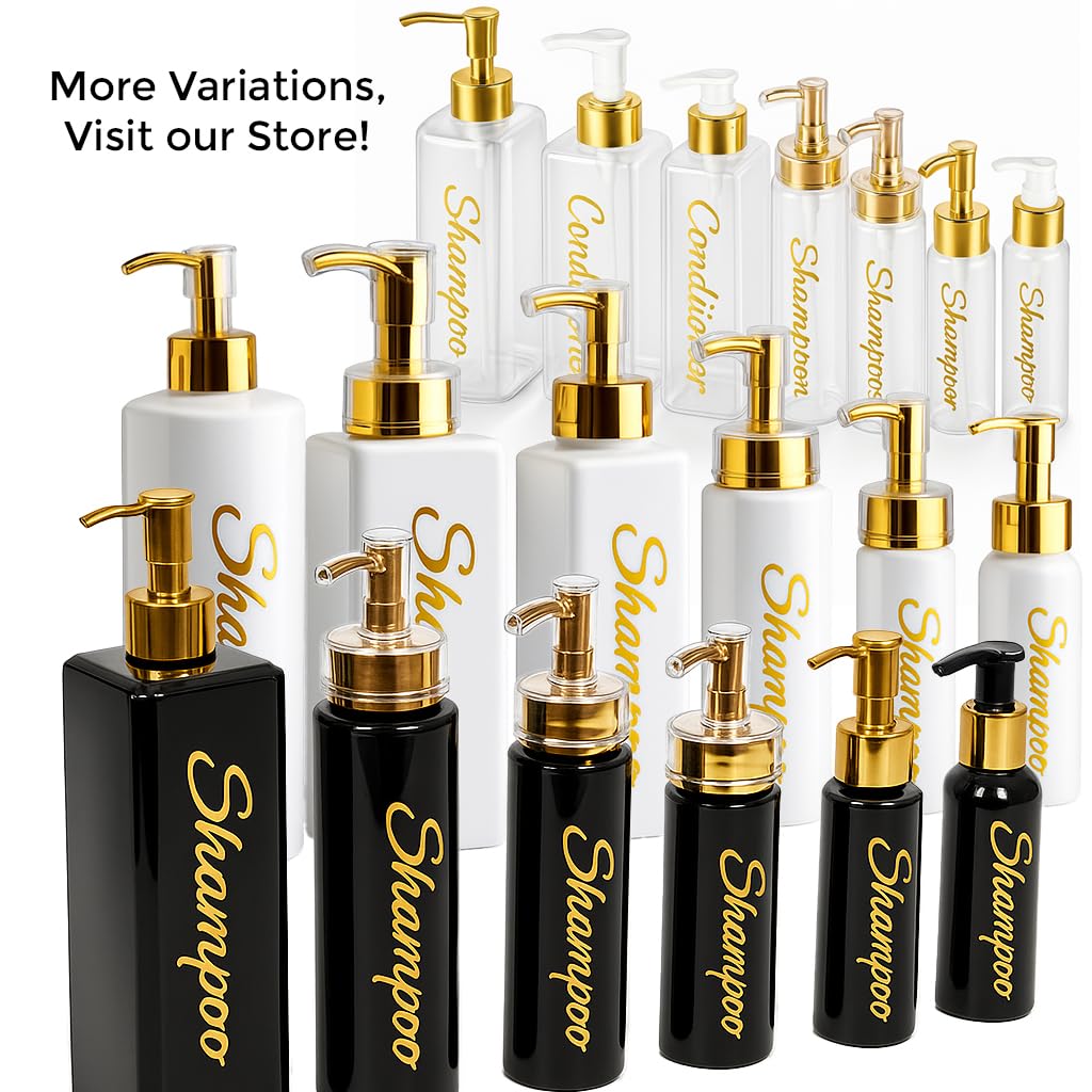 uMadeUs Shampoo and Conditioner Dispenser - Essentials Toiletry Bottles - Shower Refillable Shampoo and Body Wash Soap Pump Bottle – 3X 16oz Family Size Containers - White Round All Gold Pump