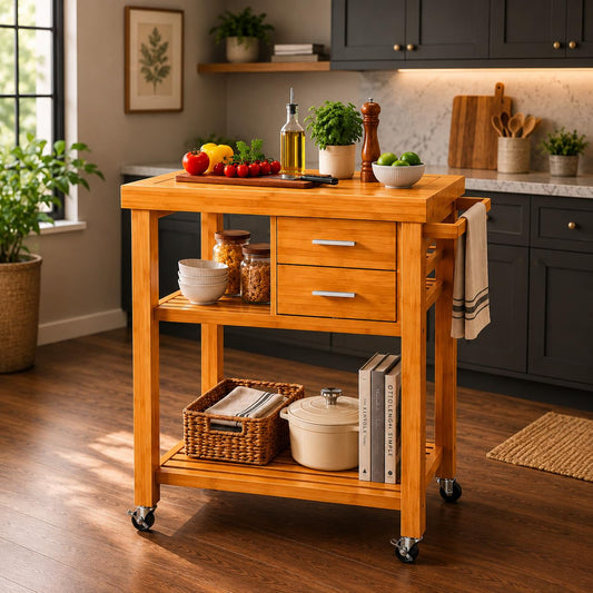 Home Aesthetics Rolling Kitchen Island Cart with Drawers Shelves, Towel Rack, Locking Casters, Butcher Block Food Prepping Cart Trolley on Wheels, Bamboo Wood