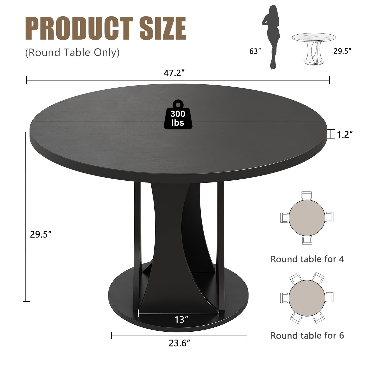 Einhomn Round Dining Table for 4-6, Kitchen Table with Sturdy Double Arc & Rounded Base & Backboard Clasp Desktop, Mid-Century Modern Circle Dinner Table for Dining Living Room, Space Saving, Black