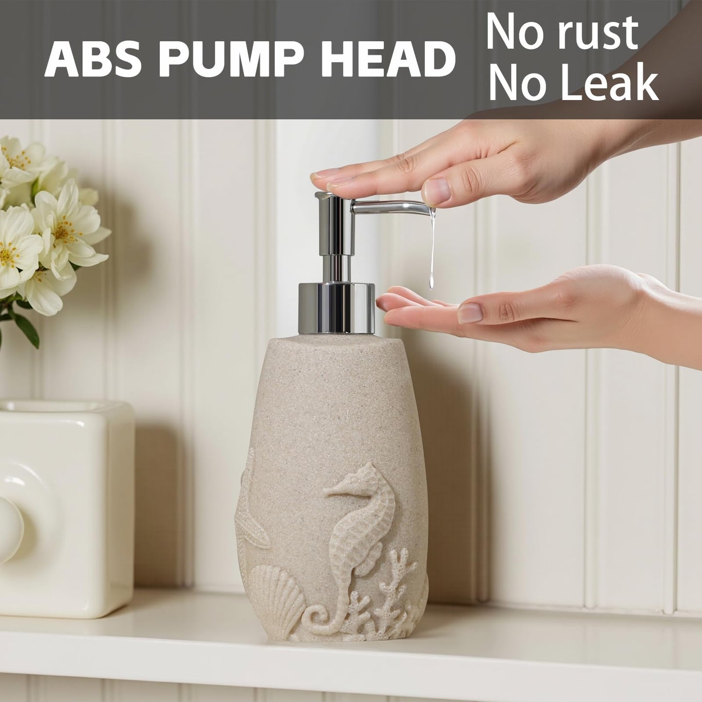 Haocoott Soap Dispensers 350mL 11OZ, 2 PCS Luxurious Ocean Hand Dish Lotion Shampoo Soap Dispenser Jar, Sea Shell Soap Pump Bottles for Kitchen Bathroom Countertop Beige