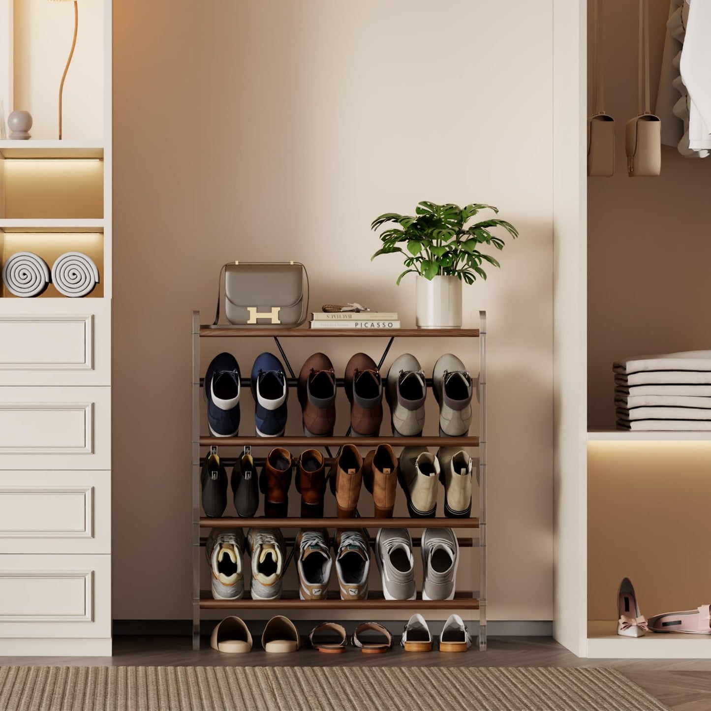 YQJJGL Shoe Rack, 4-Tier Slanted Shoe Shelf with Wooden Top Panel, Solid Wood and Acrylic Shoe Organizer Rack, Shoe Storage Rack Ideal for Entryway, Bedroom, Closet and Living Room (Walnut 29" W)