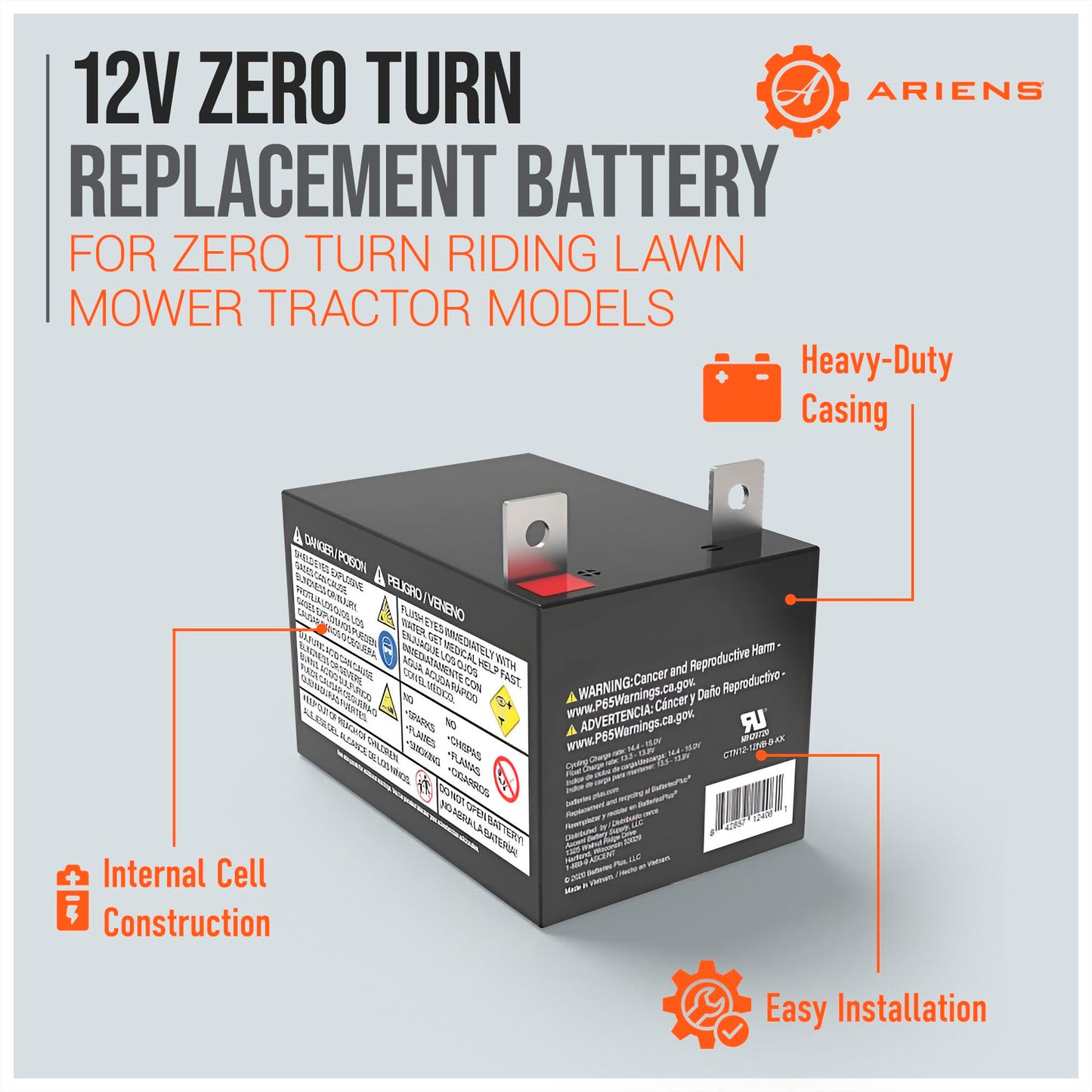 Ariens Gravely 04738800 12V 12A 190CCA Battery OEM Apex Ikon Zoom Pro-Turn Edge Snow Blowers