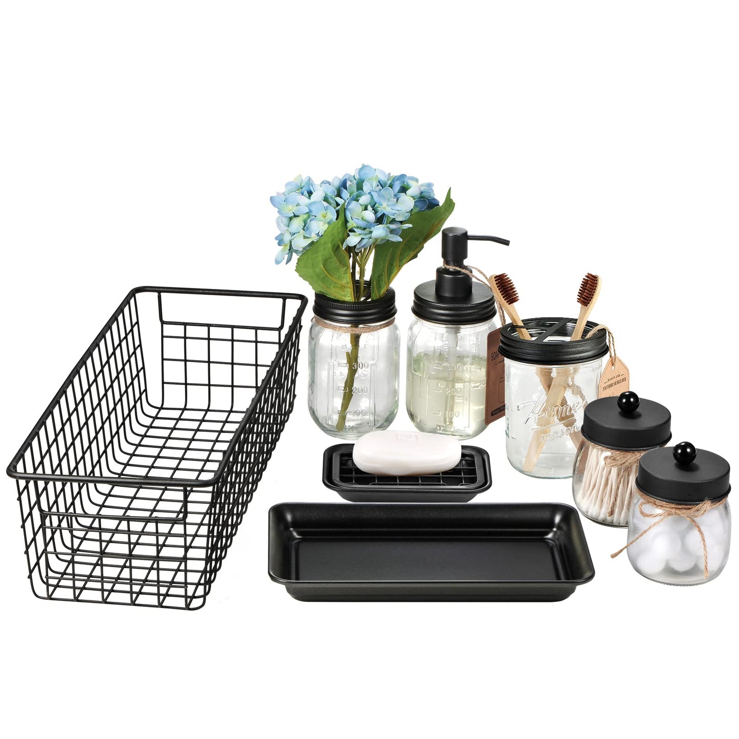 SheeChung 8PCS Mason Jar Bathroom Accessories Set Complete - Black