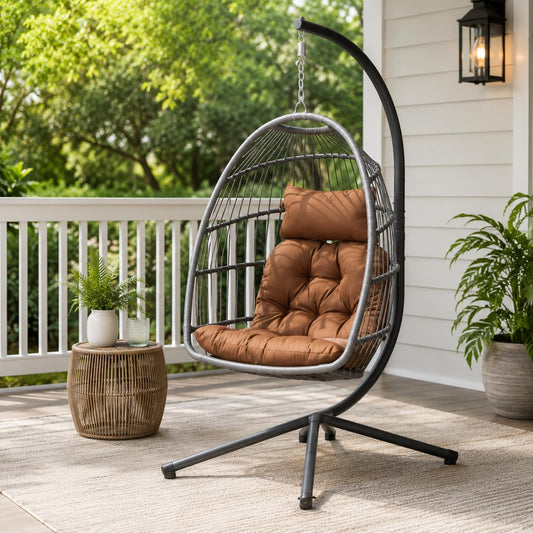 UELKS Egg Swing Chair with Stand, Indoor Outdoor Hanging Egg Chair with Thickened Metal Frame and Cushion, Foldable Patio Wicker Swinging Hammock Chair for Bedroom, Porch, Garden, Balcony