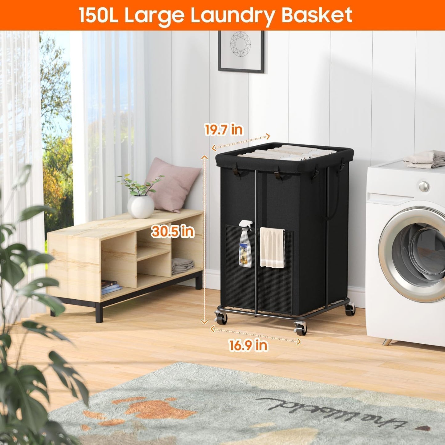Laundry Hamper with Wheels, 150L Rolling Laundry Basket with Bag & Handles