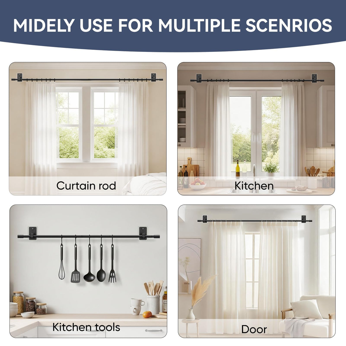 PeSenp 2.0 Upgraded No-Drill Curtain Rod for Windows 48 to 84 inches – Renter-Friendly Adhesive & Pin-Nail Mount, 5/8" Black Adjustable Rod, Minimal Wall Damage