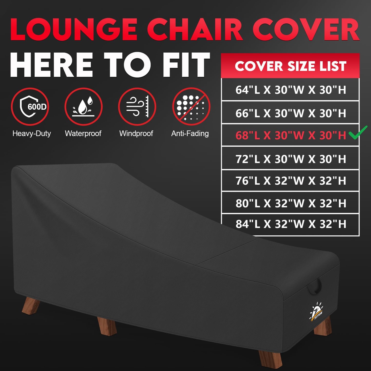 Zettum Outdoor Lounge Chair Cover - 600D Waterproof Patio Chaise Lounge Chair Cover, Fade-Resistant Outdoor Seating Covers, Lawn Bench Furniture 68 x 30 x 30 Inch