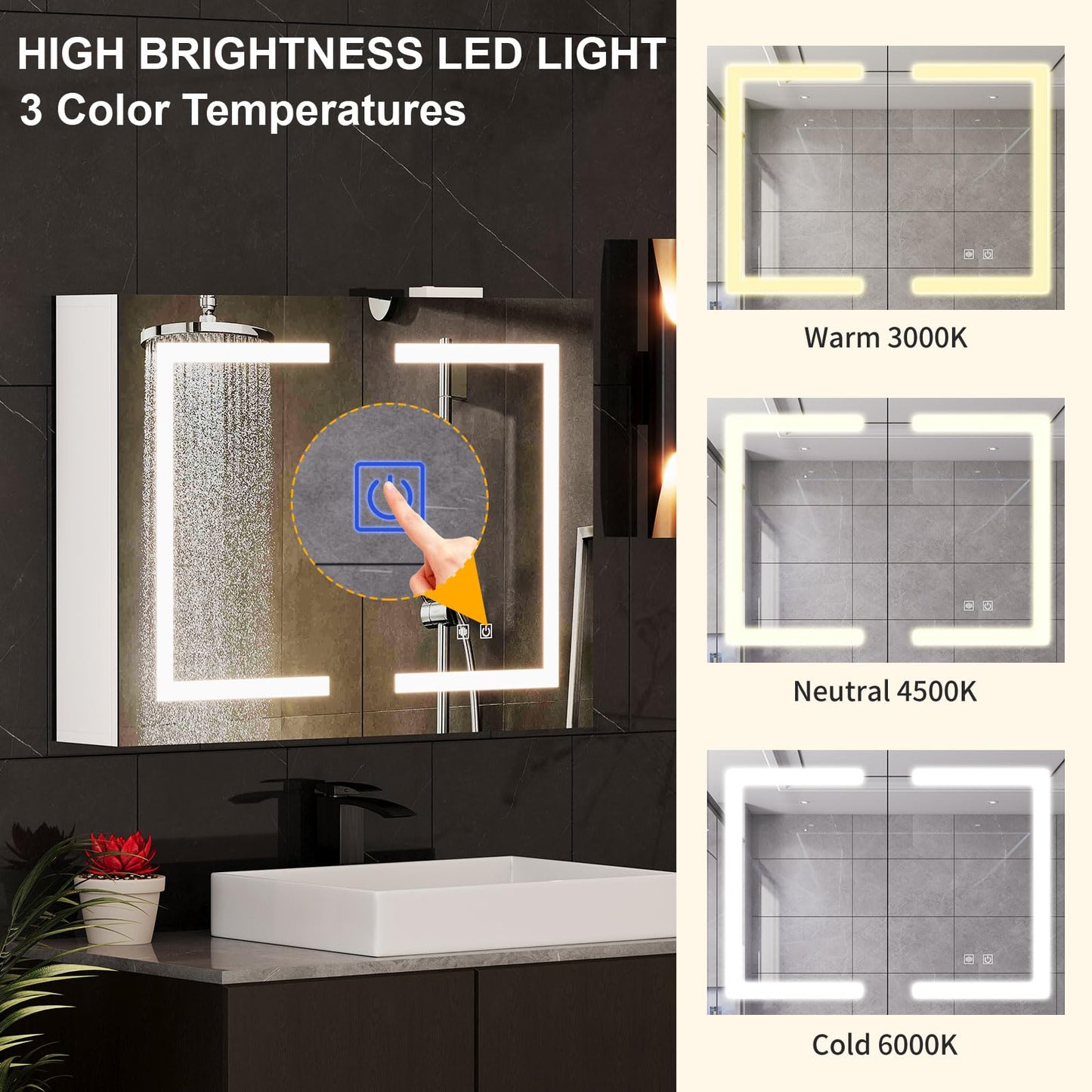 Snughome Bathroom Medicine Cabinet with Mirror and LED Lights, Wall Mount Bathroom Mirror with Storage, Anti-Fog, Built-in Power Outlets, Dimmable 3 Color Temp, Antirust Easy to Install, 31.5" x 23.6"