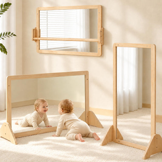Brezlio Montessori Mirror with Pull Up Bar, Large 38.2 x 23.6 in Natural Wood & Shatter-Resistant Acrylic Baby Mirror for Tummy Time, Horizontal/Vertical Floor Use, Wall Mounting and Pull-to-Stand