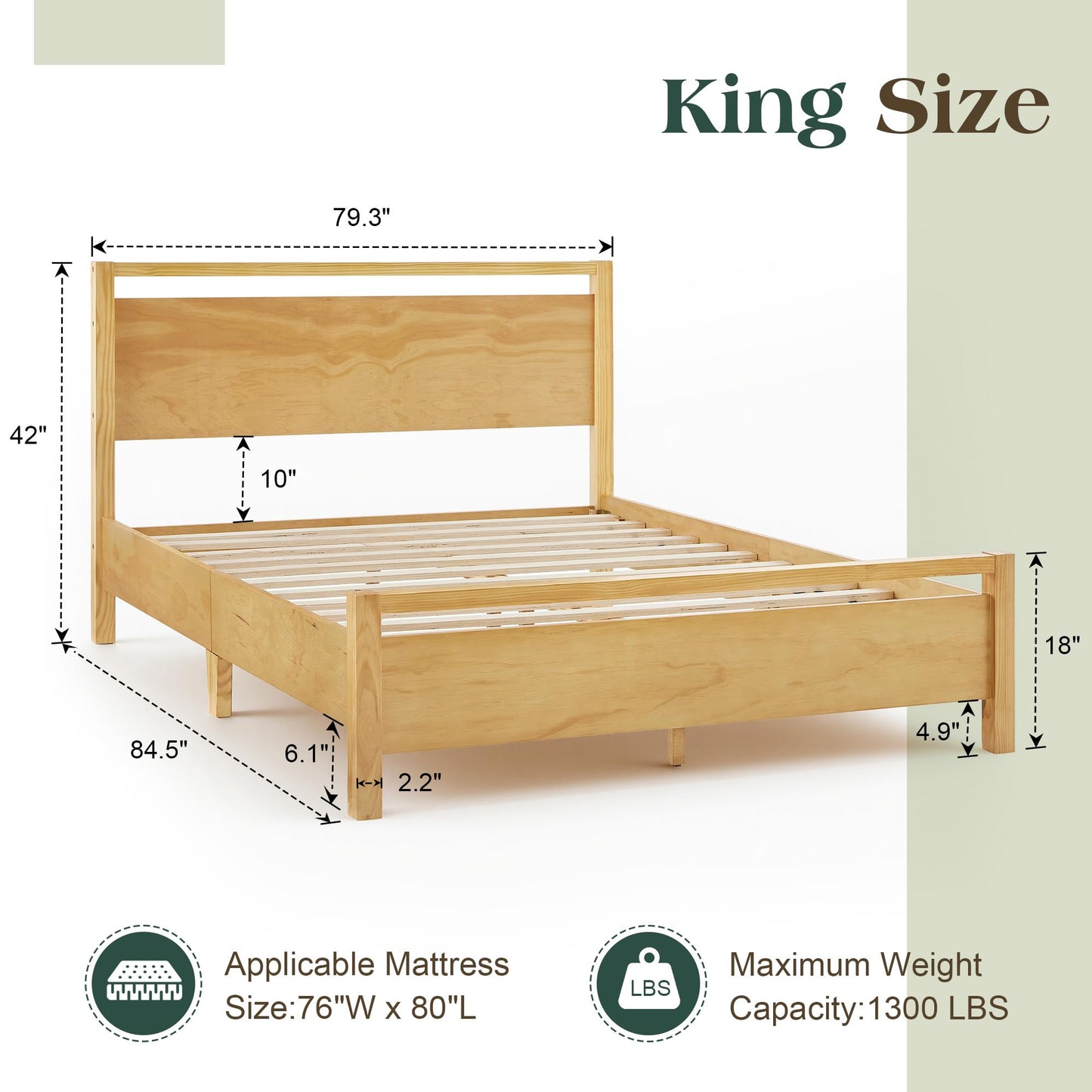 AMERLIFE King Size Solid Wood Bed Frame with Headboard, Minimalist Platform Bed with Wooden Slats Support/No Box Spring Needed/Easy Assembly, Natural