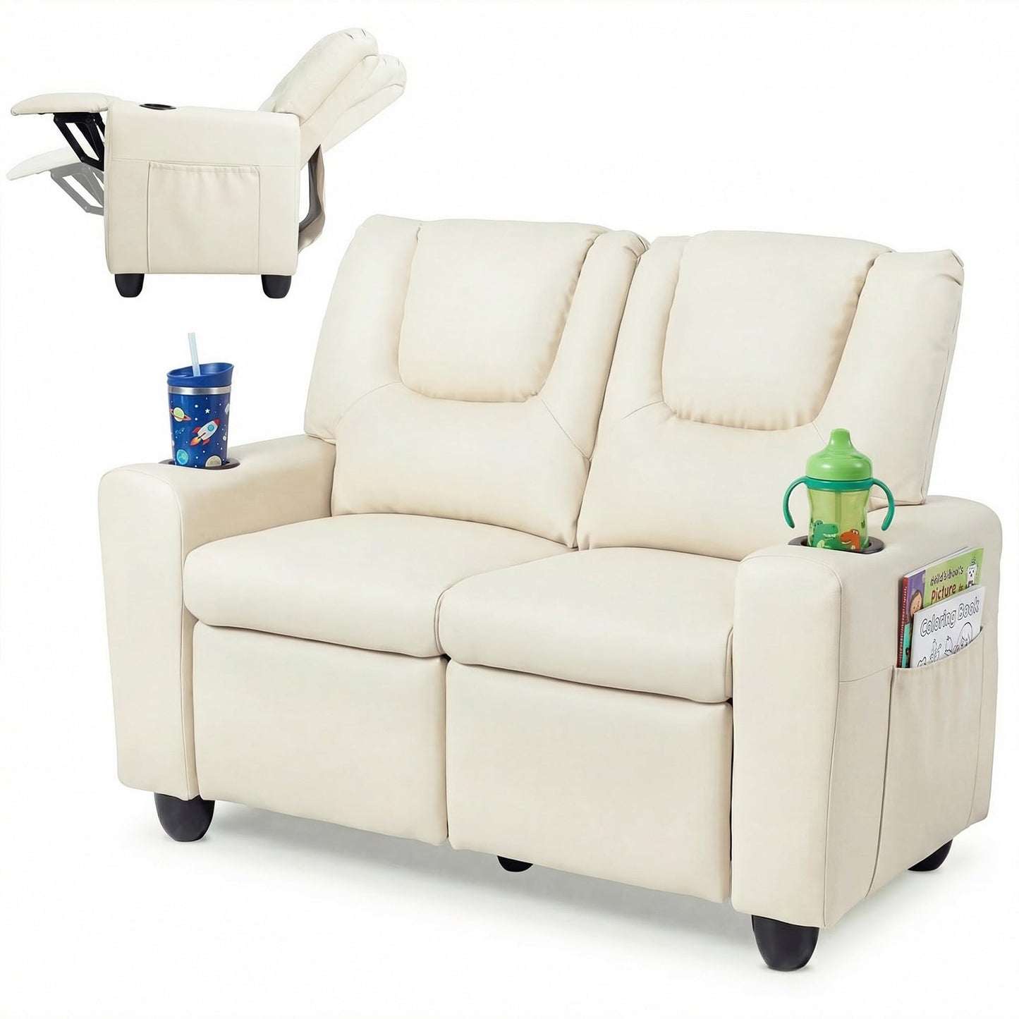 HONEY JOY 2-Seater Kids Recliner, Double Toddler Loveseat Sofa w/2 Cup Holders, 2 Side Pockets, Adjustable Backrest & Footrest, PU Leather Children Couch for Boys Girls Age 3+ (Beige)