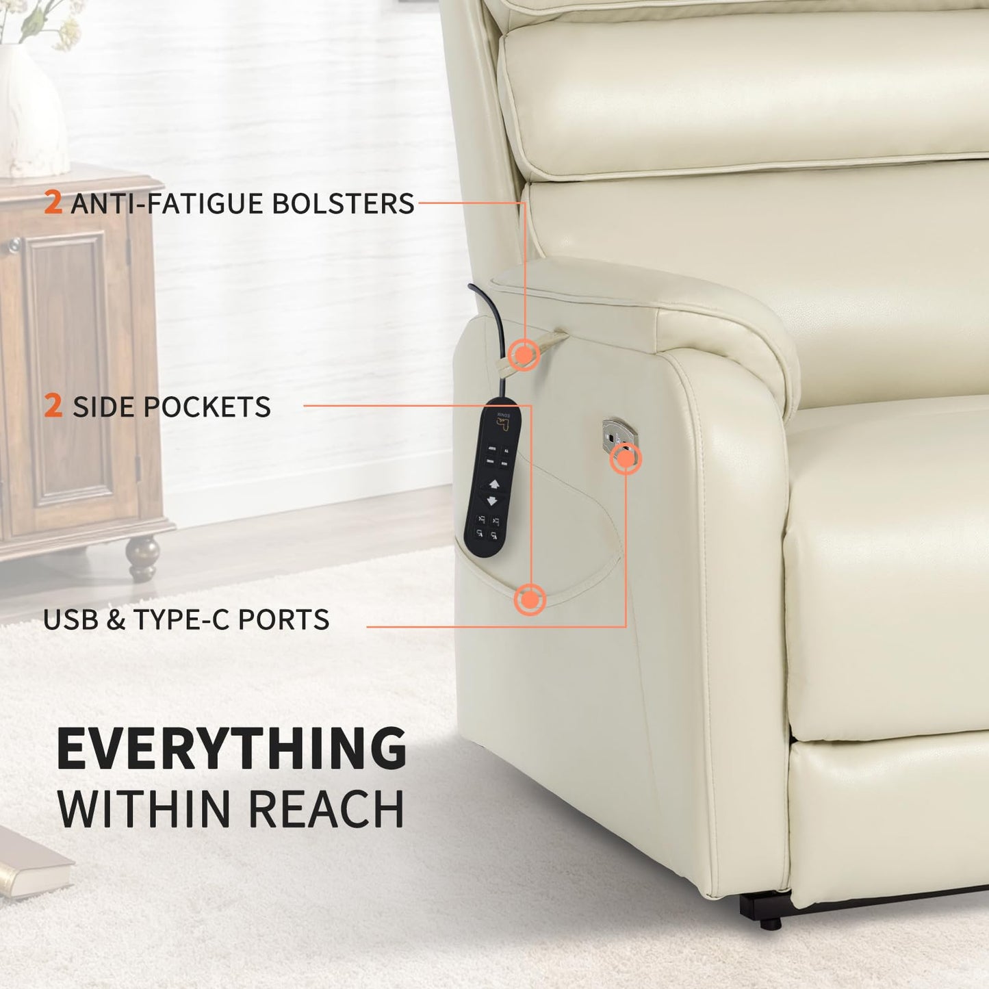 EONIX Dual Motor Lay Flat Power Lift Recliner Chair for Elderly, Breathable Leather Electric Lift Chairs for Adults, 400lbs Heavy Duty Power Recliner with Heat and Massage, SLRY003061, Cream White
