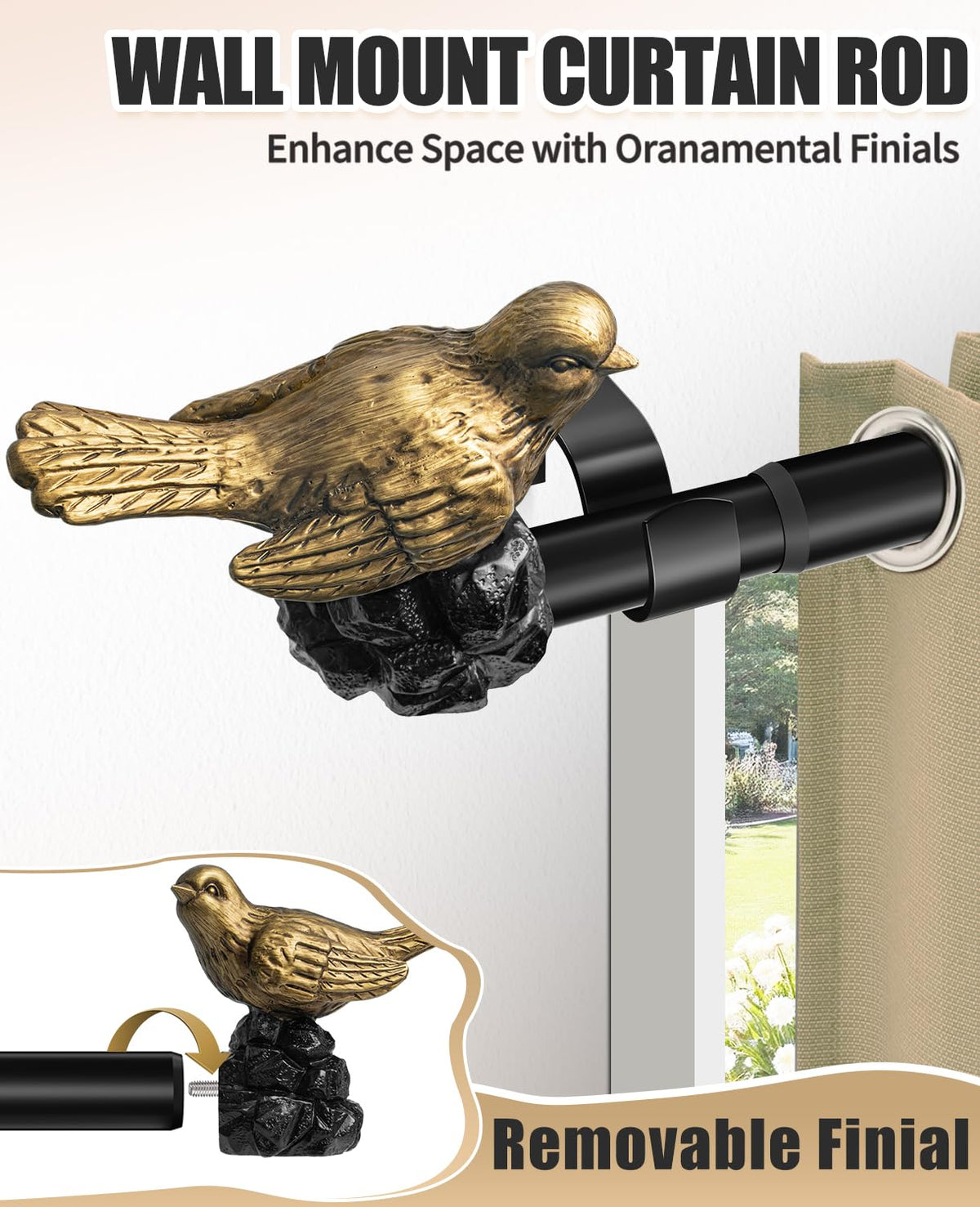 KVEEO 1 or 7/8 Inch Bird-Shaped Decorative Finials for Curtain Rods,Curtain Rod Ends Metal Curtain Rod Finials Ends Easy to Install Set of 2 Rod End (Gold)