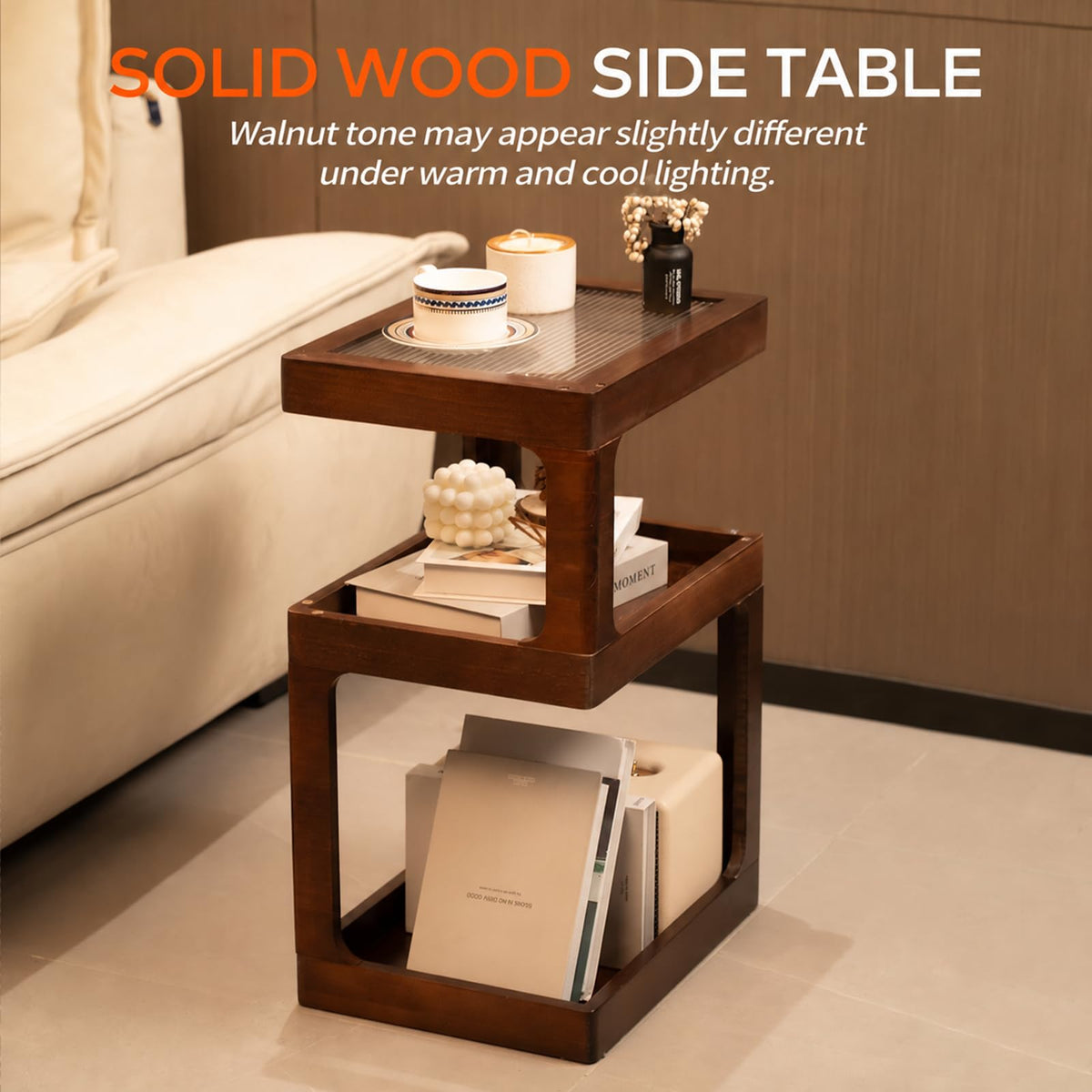 Solid Wood Side Table, 3 Tier Small End Table, Brown Accent Table
