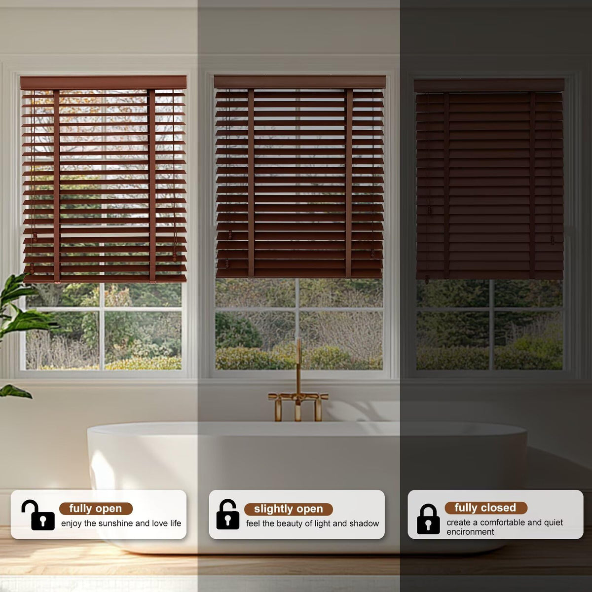 2" Slats Wood Blinds for Indoor Windows, Dark Walnut 36" WX48 H